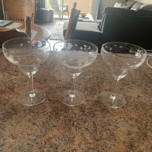 3 Princess House Crystal Flower Leaf Etched Cocktail Martini Margarita Stemware